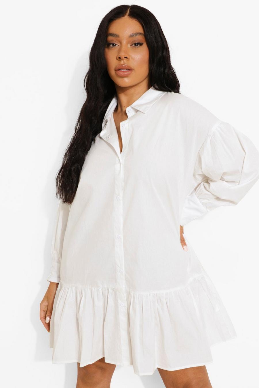 לבן שמלת חולצה ארוגה עם מכפלת מדורגת, מידות גדולות image number 1