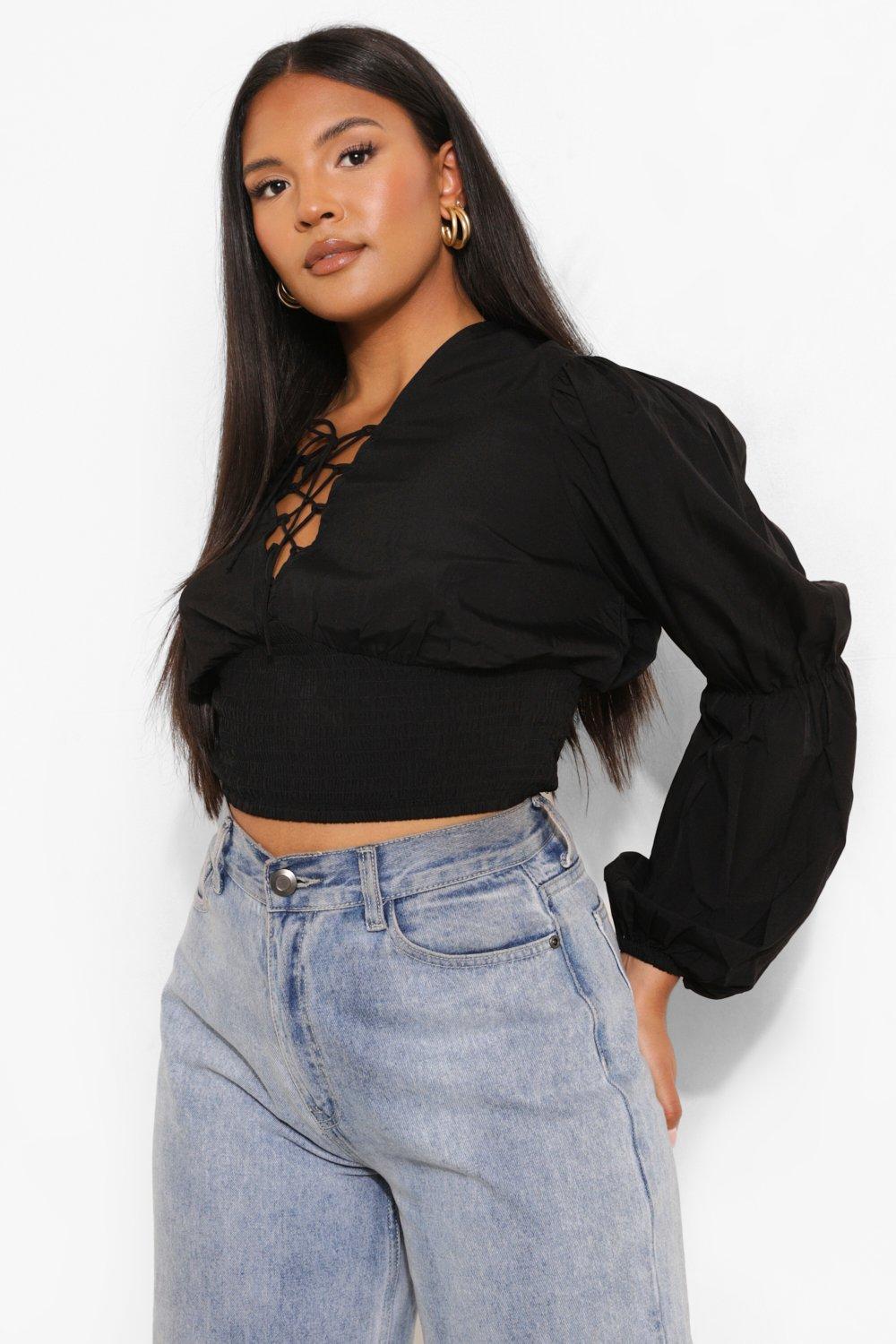 Plus Lace Up Puff Sleeve Top boohoo FI