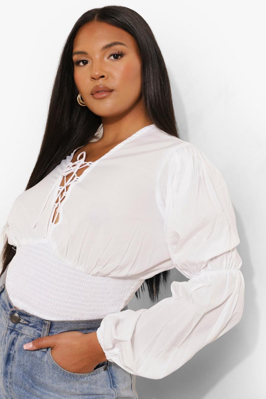 White Plus Lace Up Puff Sleeve Top image number 1