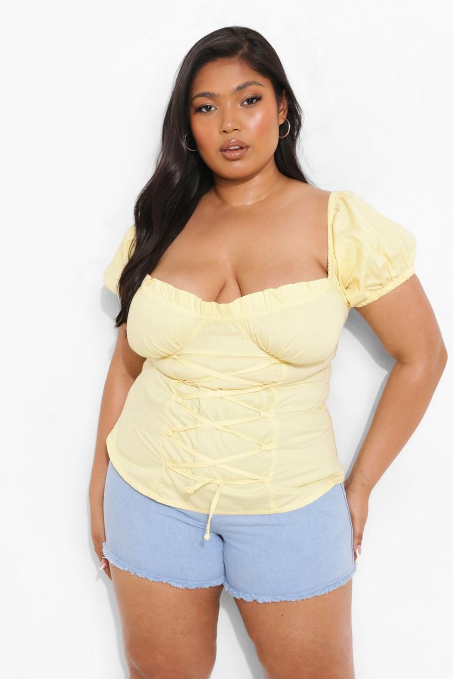 Lemon yellow Plus Lace Up Milkmaid Top image number 1