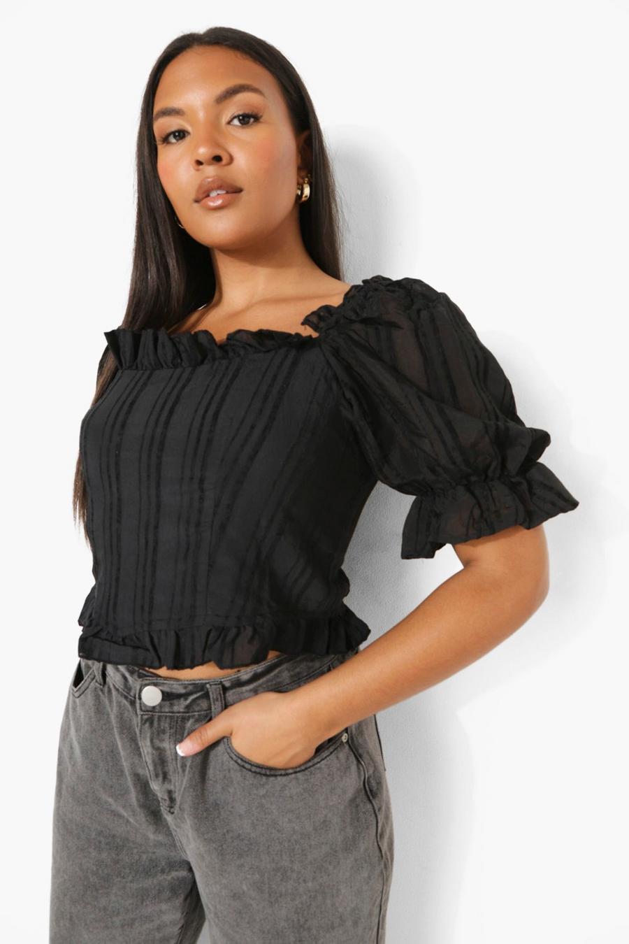 Black Plus Square Neck Puff Sleeve Top image number 1