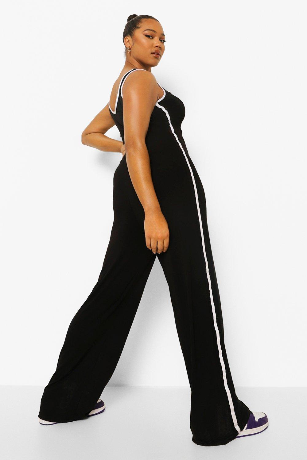 Black jumpsuit with white stripe on side online