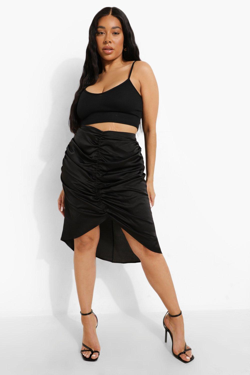 Plus Satin Ruched High Low Midi Skirt boohoo USA