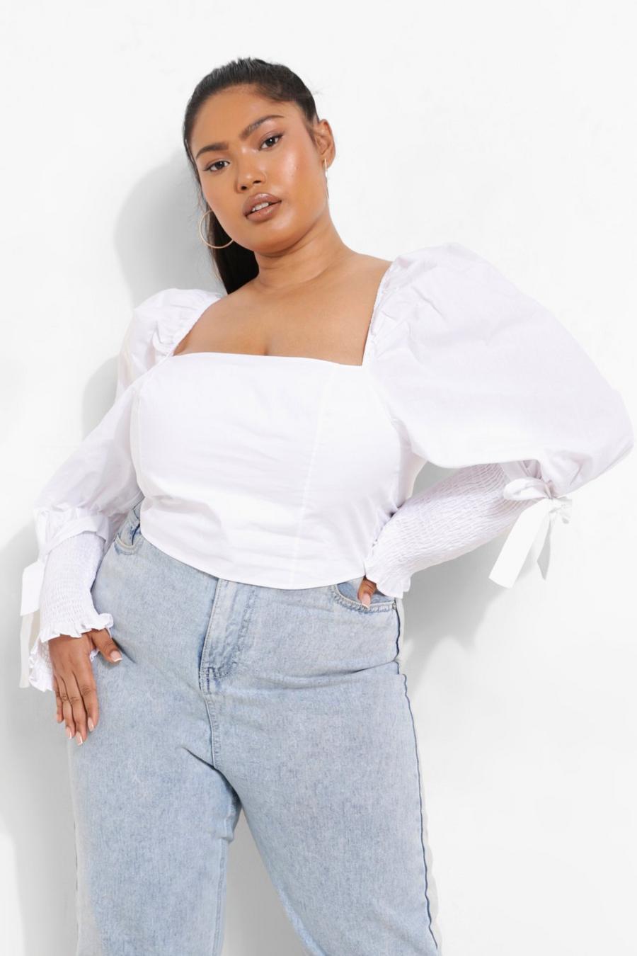 White Plus Woven Puff Sleeve Crop Top image number 1