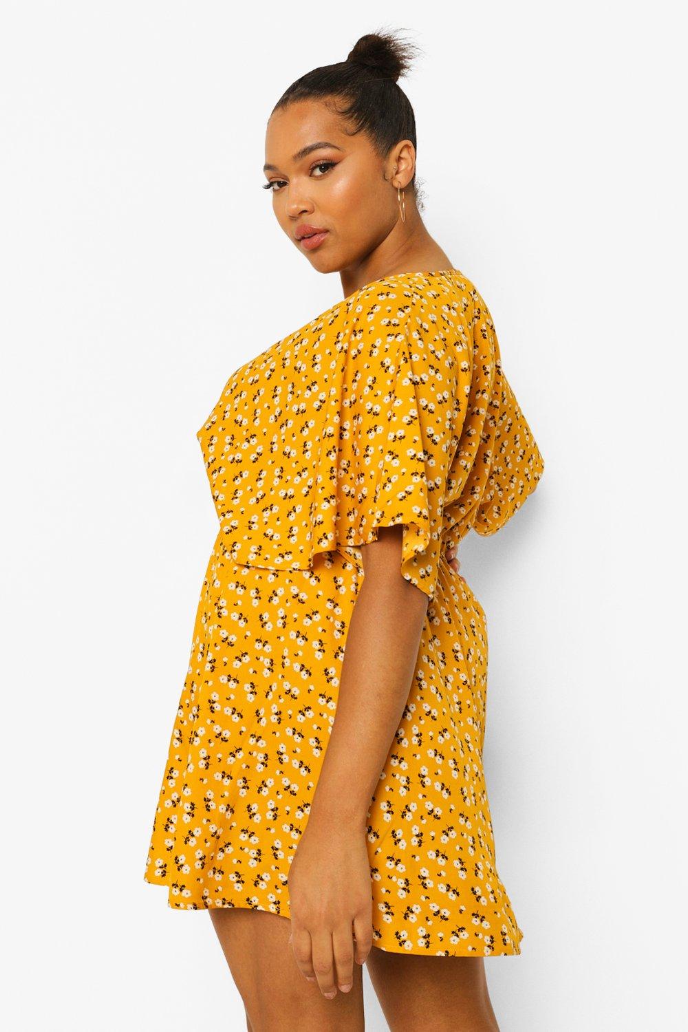 Mustard floral store wrap dress