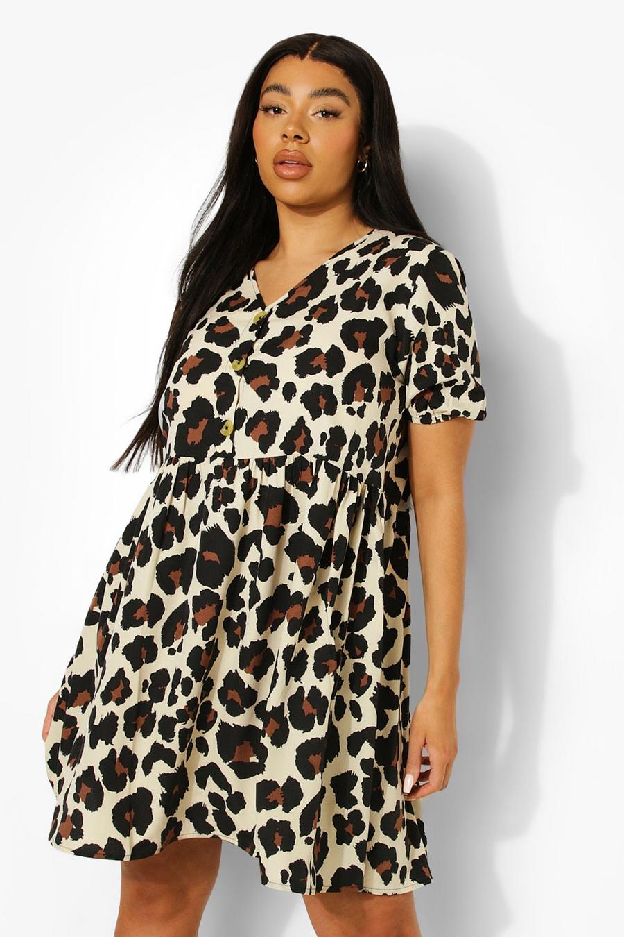 Plus Woven Leopard Button Down Smock Dress image number 1
