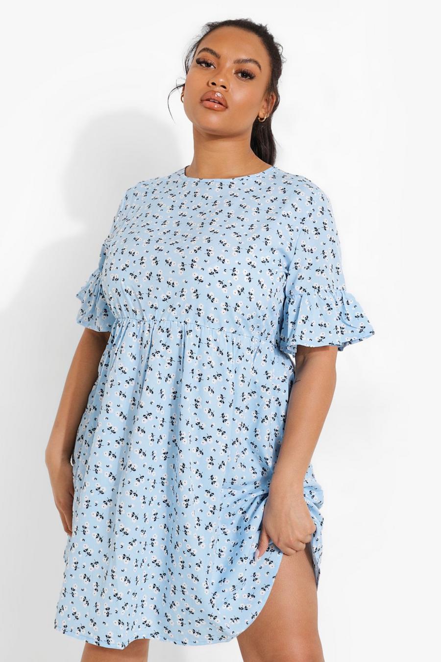 Baby blue Plus Woven Ditsy Floral Smock Dress