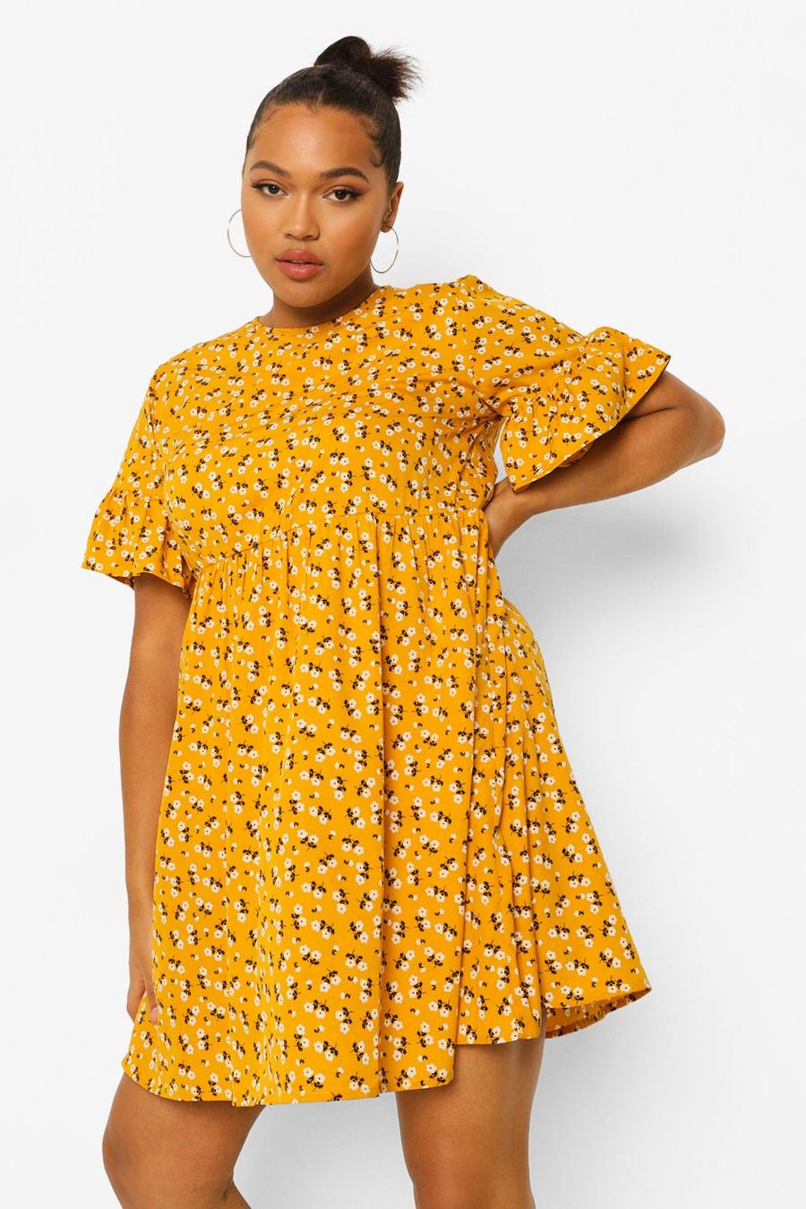 Mustard gul Plus - Småblommig volangklänning image number 1