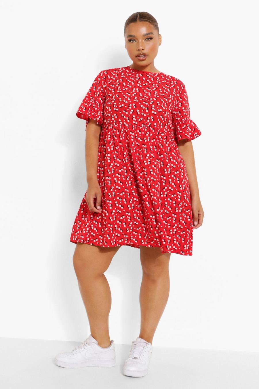 Red Plus Woven Ditsy Floral Smock Dress