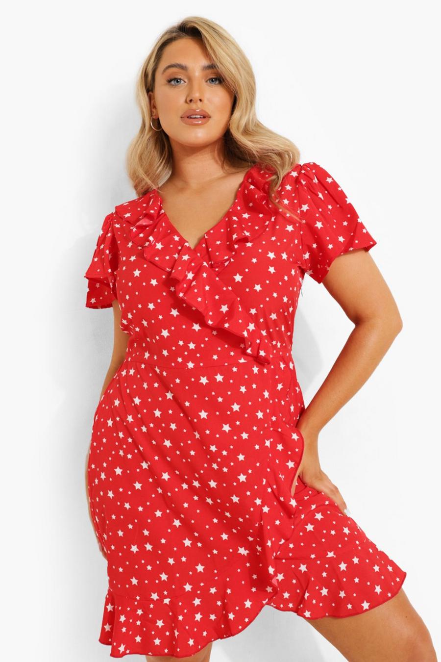 Red Plus Woven Star Print Wrap Tea Dress image number 1