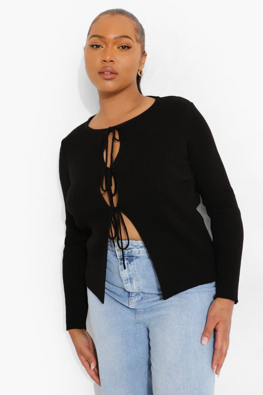 Black Plus Knitted Lace Up Cardigan image number 1