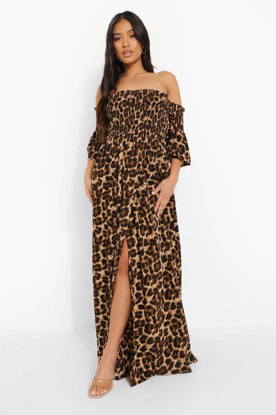 Natural Petite Leopard Shirred Off The Shoulder Maxi Dress image number 1