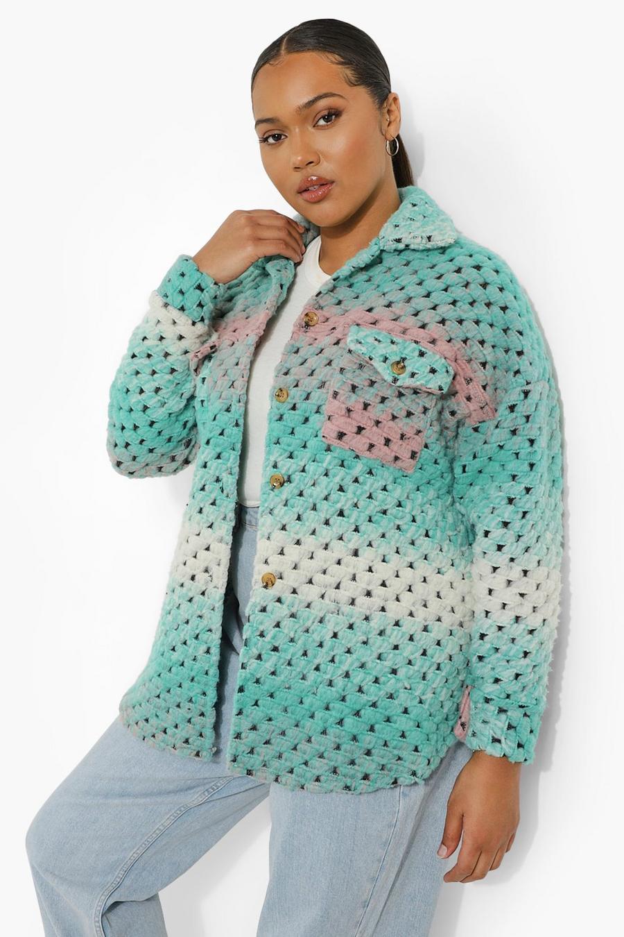 Camisa estilo chaqueta de lana de punto degradada Plus, Verde salvia image number 1