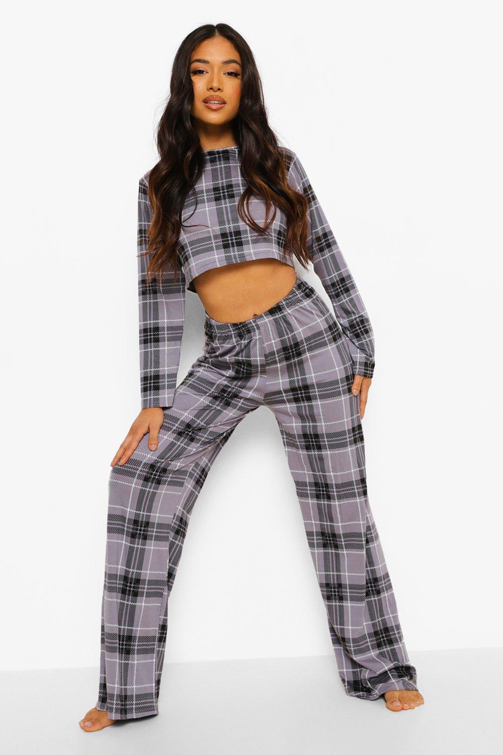 Petite Check Print Crop Top Pj Pants Set