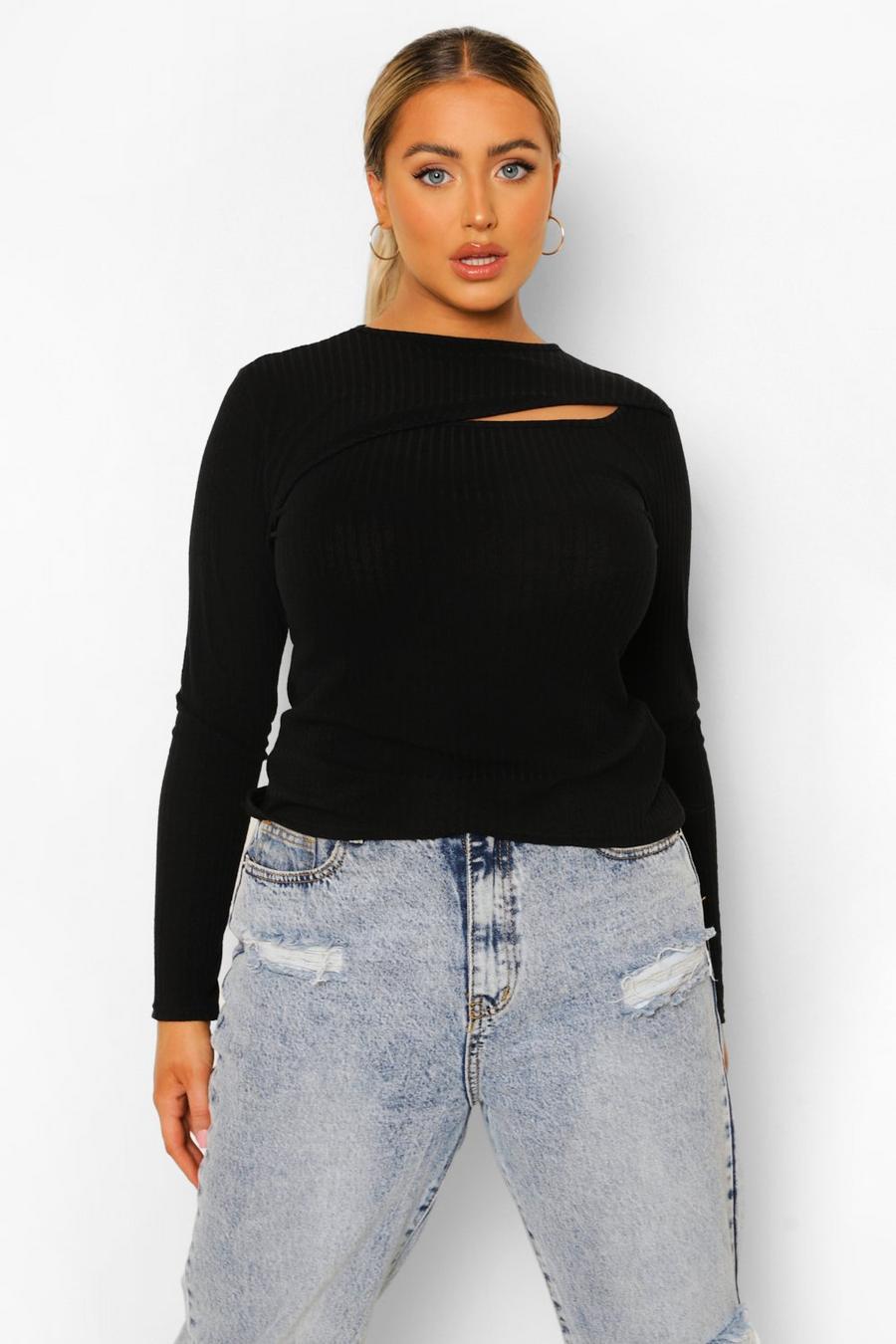 Black Plus Rib Knitted Cut Out Top image number 1