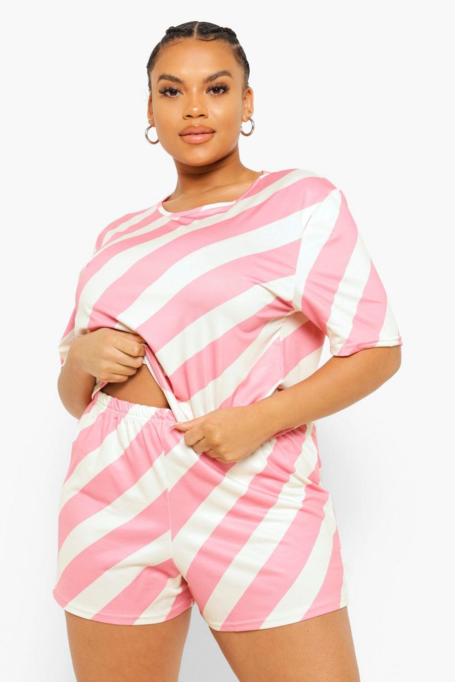 Pink Plus Gestreept Pyjama T-Shirt En Shorts Set image number 1