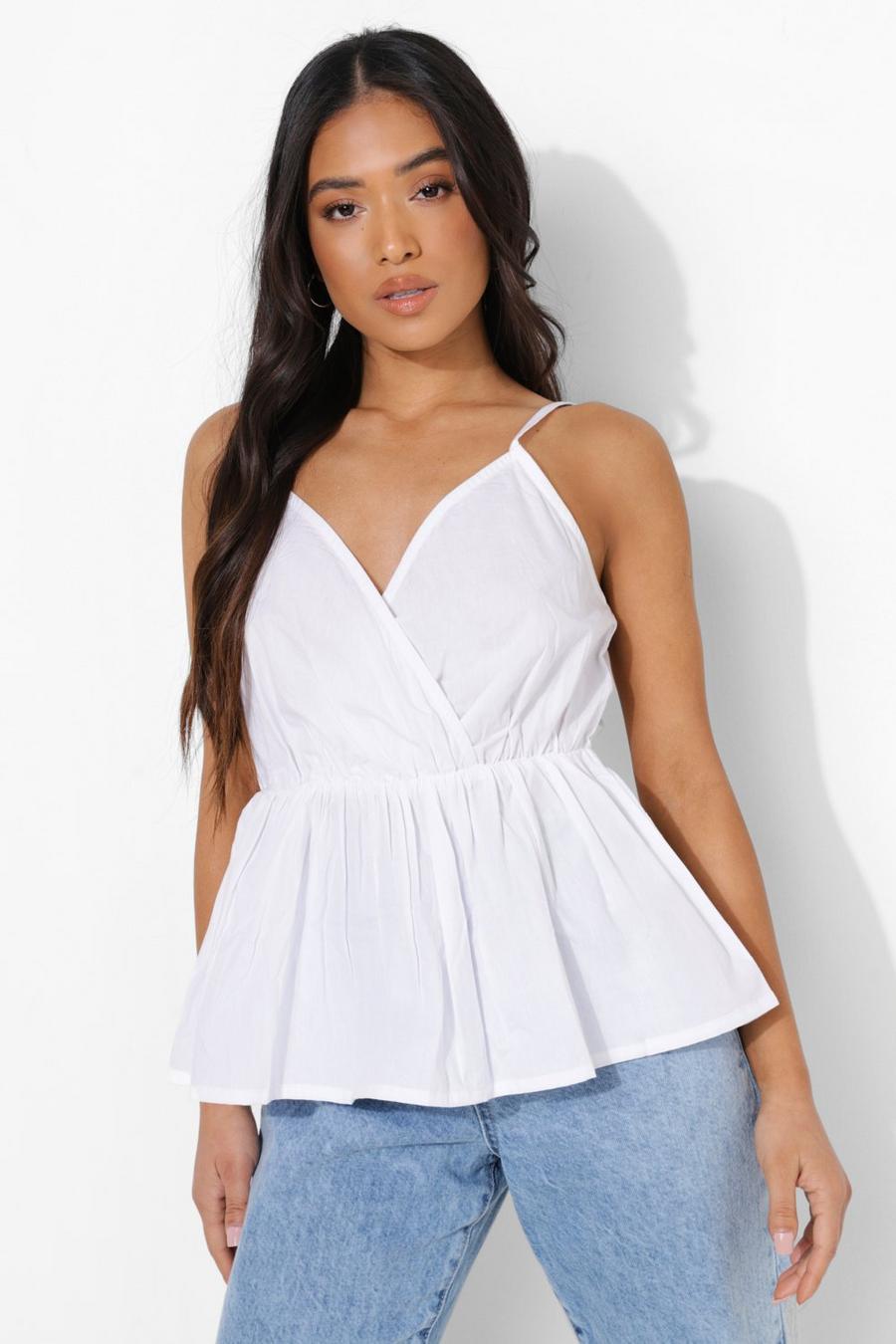 White Petite Wrap Peplum Woven Cami Top image number 1