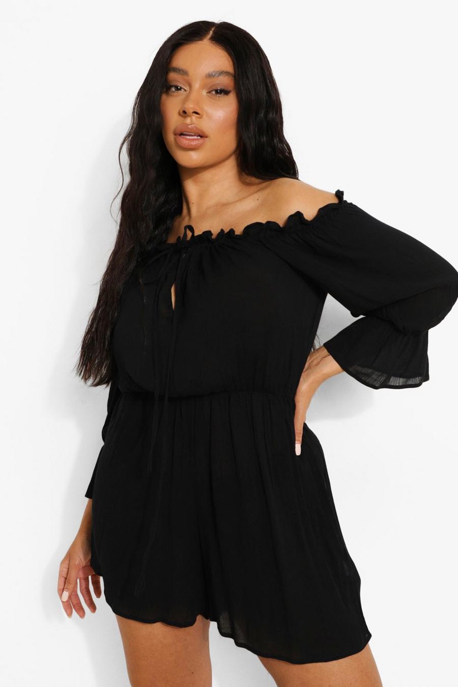 Black Plus Cheesecloth Off Shoulder Playsuit image number 1