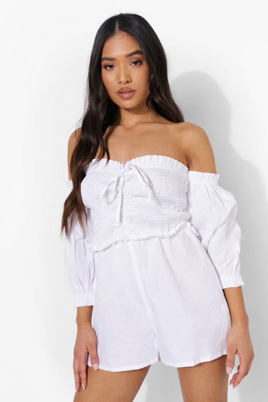 White Petite Puff Sleeve Off The Shoulder Cotton Paysuit image number 1