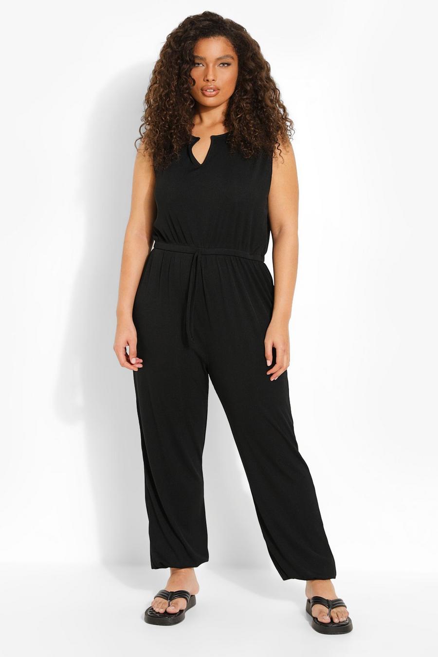 Black Plus Rib Notch Front Cuffed Jumpsuit image number 1
