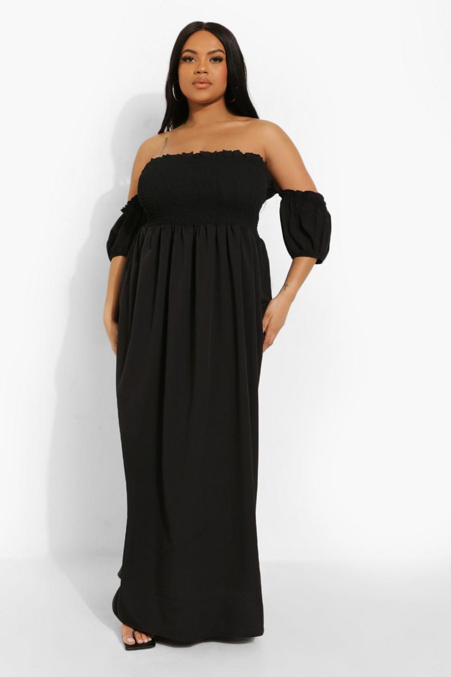Black Plus Woven Shirred Off Shoulder Maxi Dress image number 1