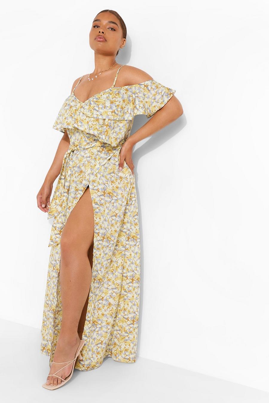 Yellow Plus Woven Floral Cold Shoulder Maxi Dress image number 1