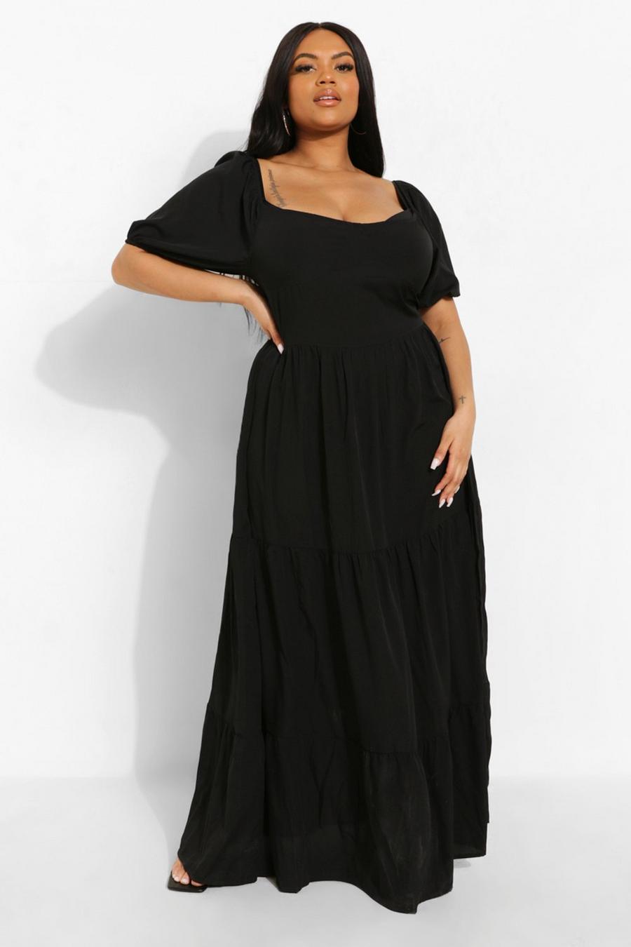 Black Plus Puff Sleeve Tiered Maxi Dress image number 1