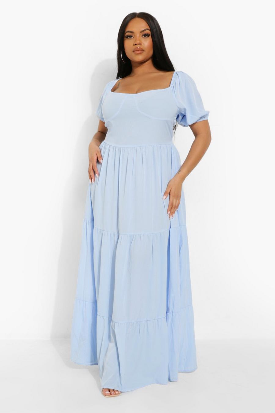 Light blue Plus Puff Sleeve Tiered Maxi Dress image number 1