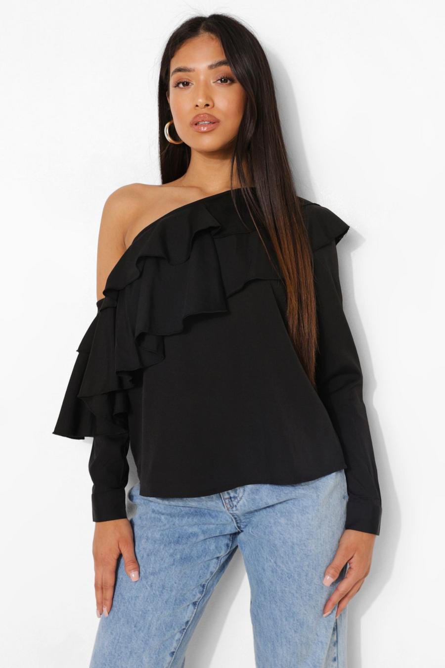 Black Petite Woven Ruffle One Shoulder Top image number 1