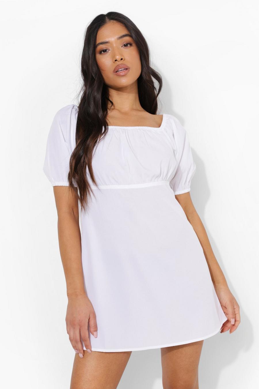 White Petite Woven Puff Sleeve Mini Dress image number 1
