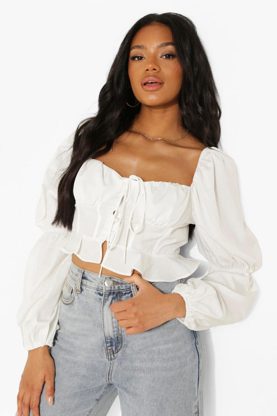 White Petite Puff Sleeve Sweetheart Woven Crop Top image number 1