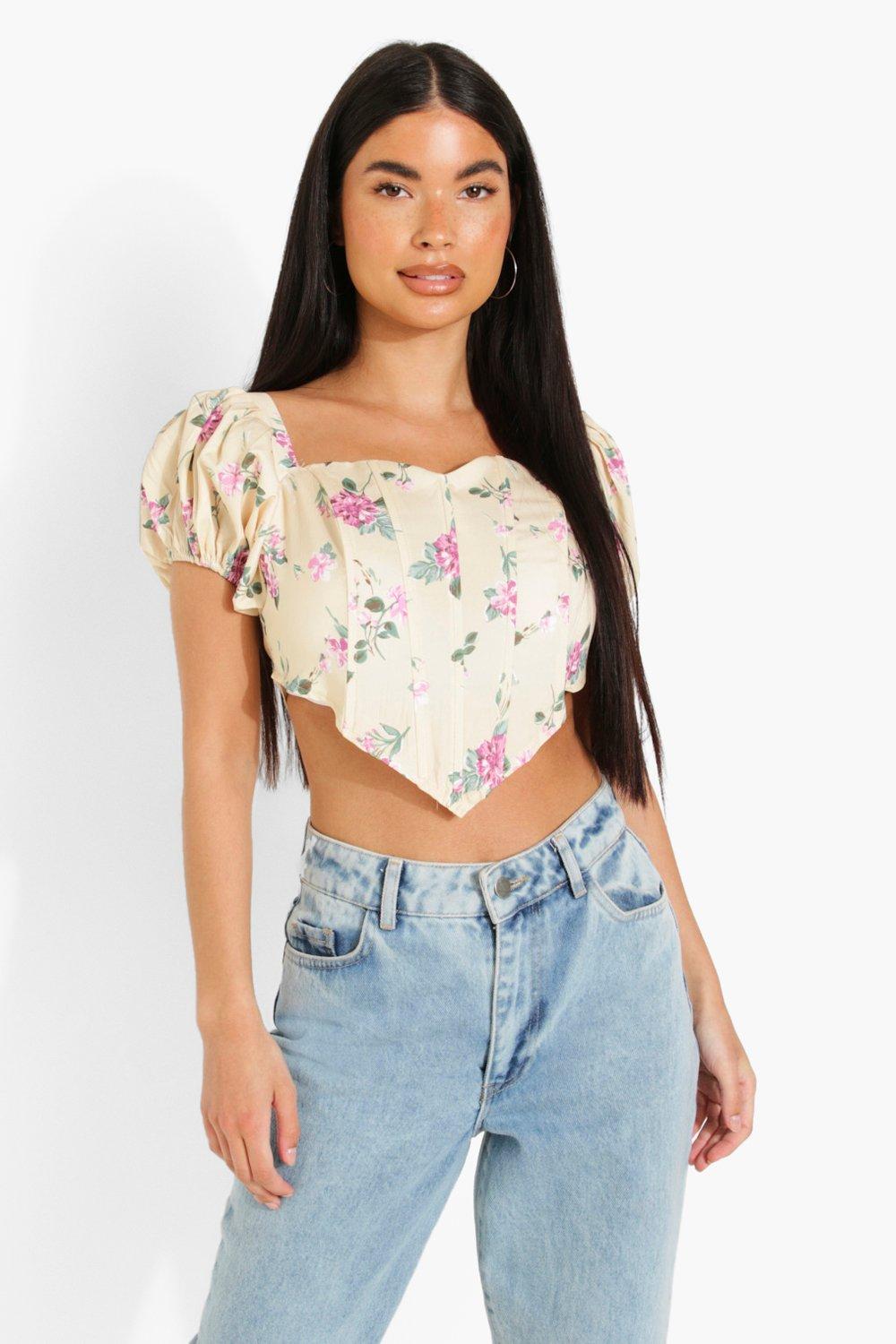 Petite Floral Puff Sleeve Corset Top