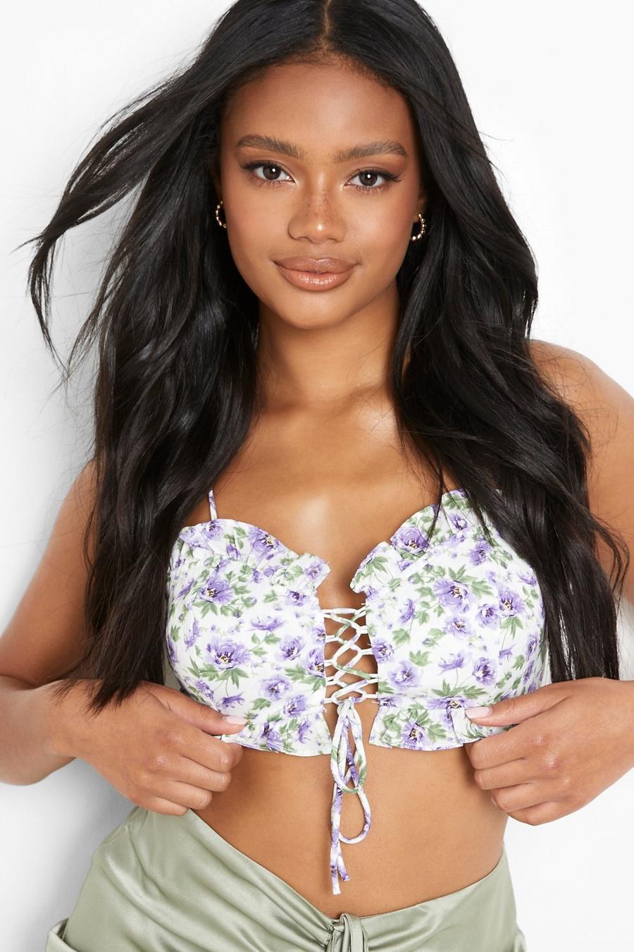 White Petite Floral Ruffle Woven Lace Up Bralet image number 1
