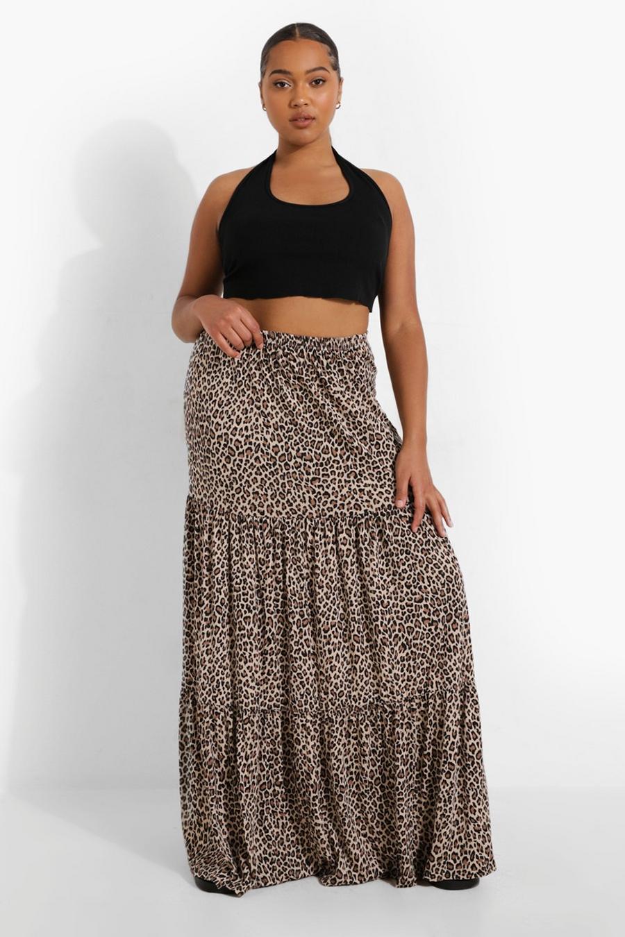 Plus Leopard Jersey Knit Tiered Maxi Skirt image number 1
