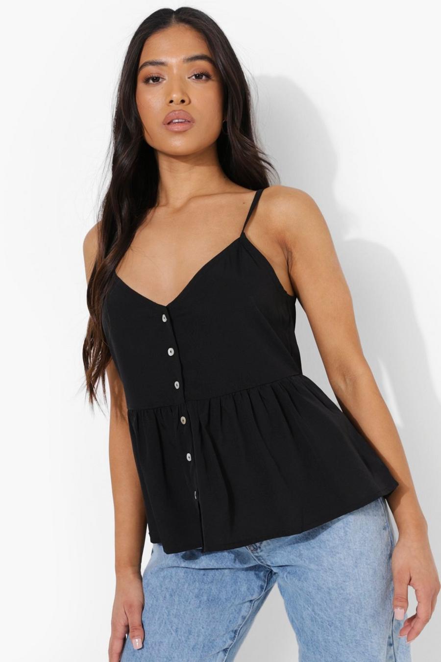 Black Petite Button Detail Woven Peplum Camisole image number 1
