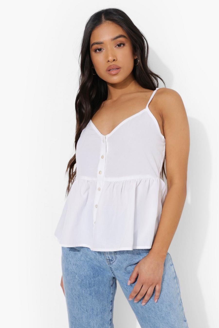White Petite Button Detail Woven Peplum Cami Top image number 1