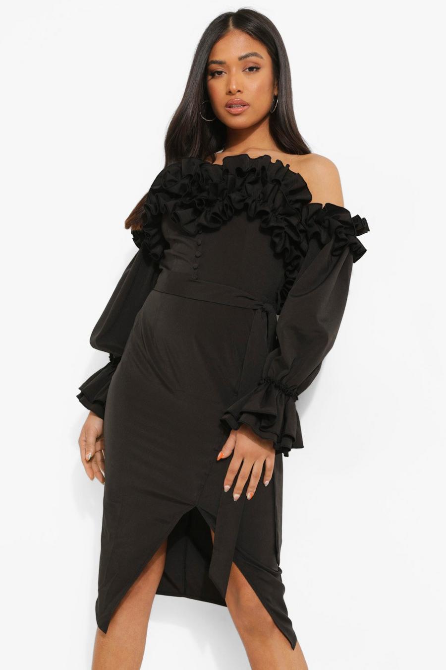 Black Petite Extreme Ruffle Detail Woven Midi Dress image number 1