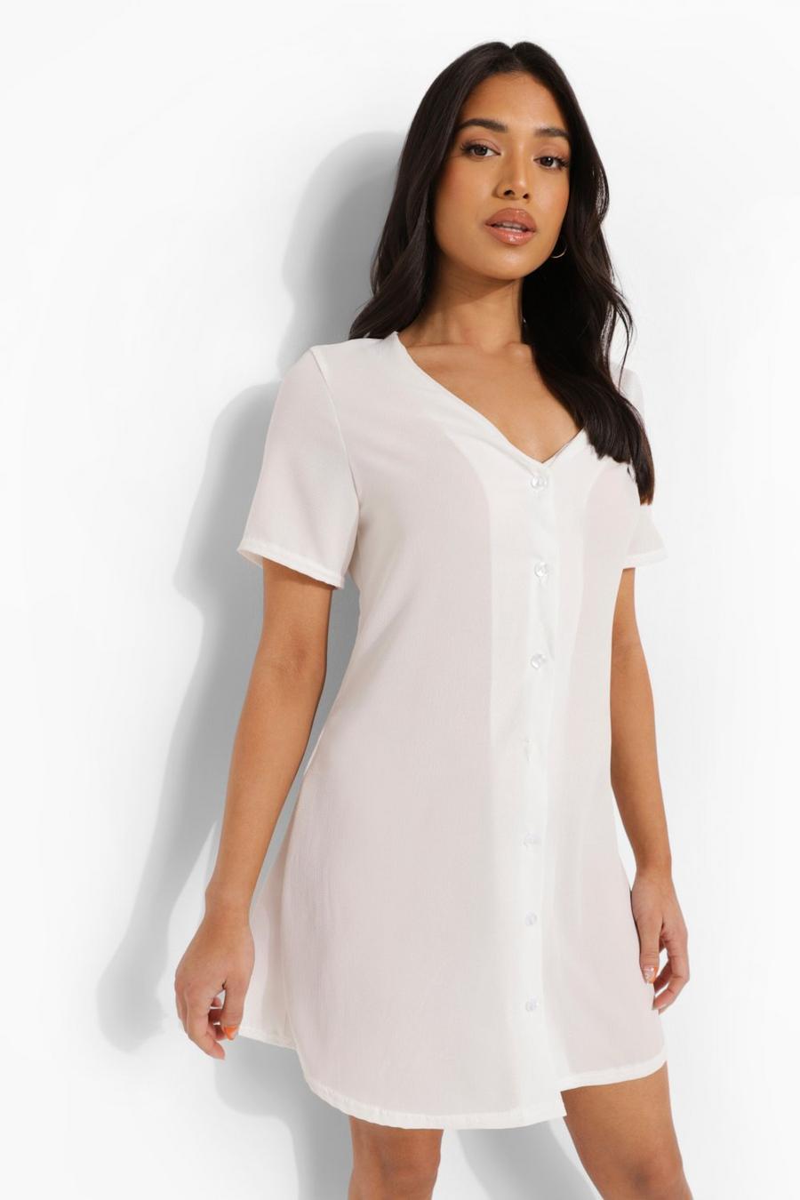 Vestido recto Petite de tela con botones, Blanco image number 1