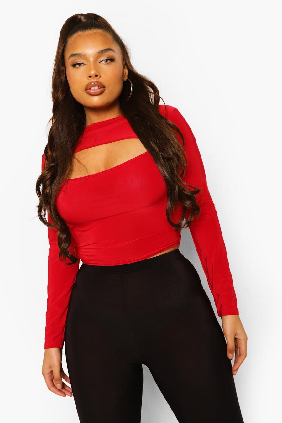 Red Plus Slinky Cut Out Long Sleeve Crop Top image number 1