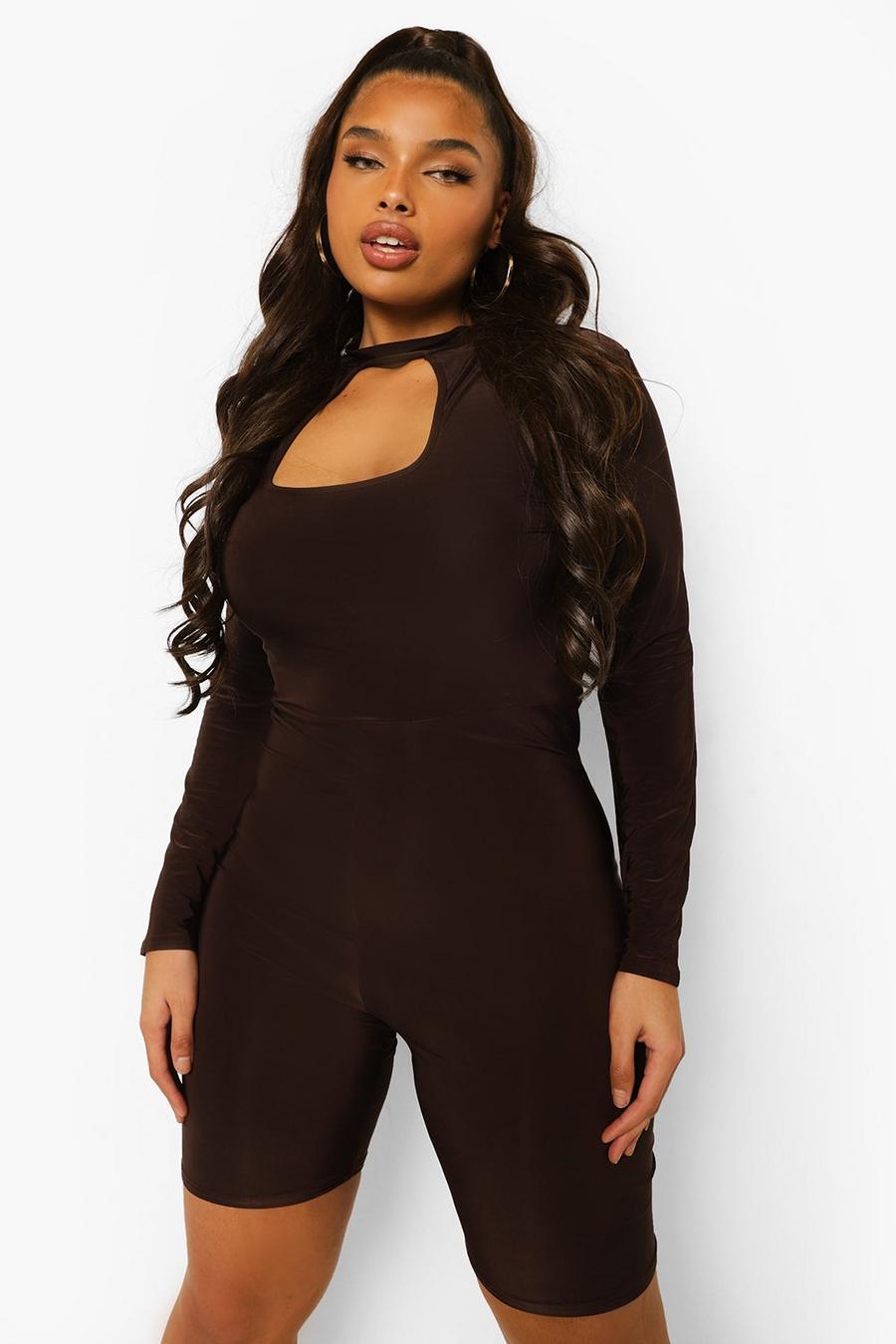 Chocolate Plus Rib Cut Out Long Sleeve Unitard image number 1