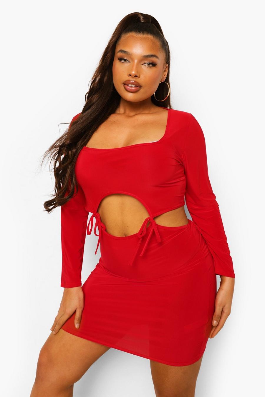 Red Plus Slinky Square Neck Cut out Bodycon image number 1