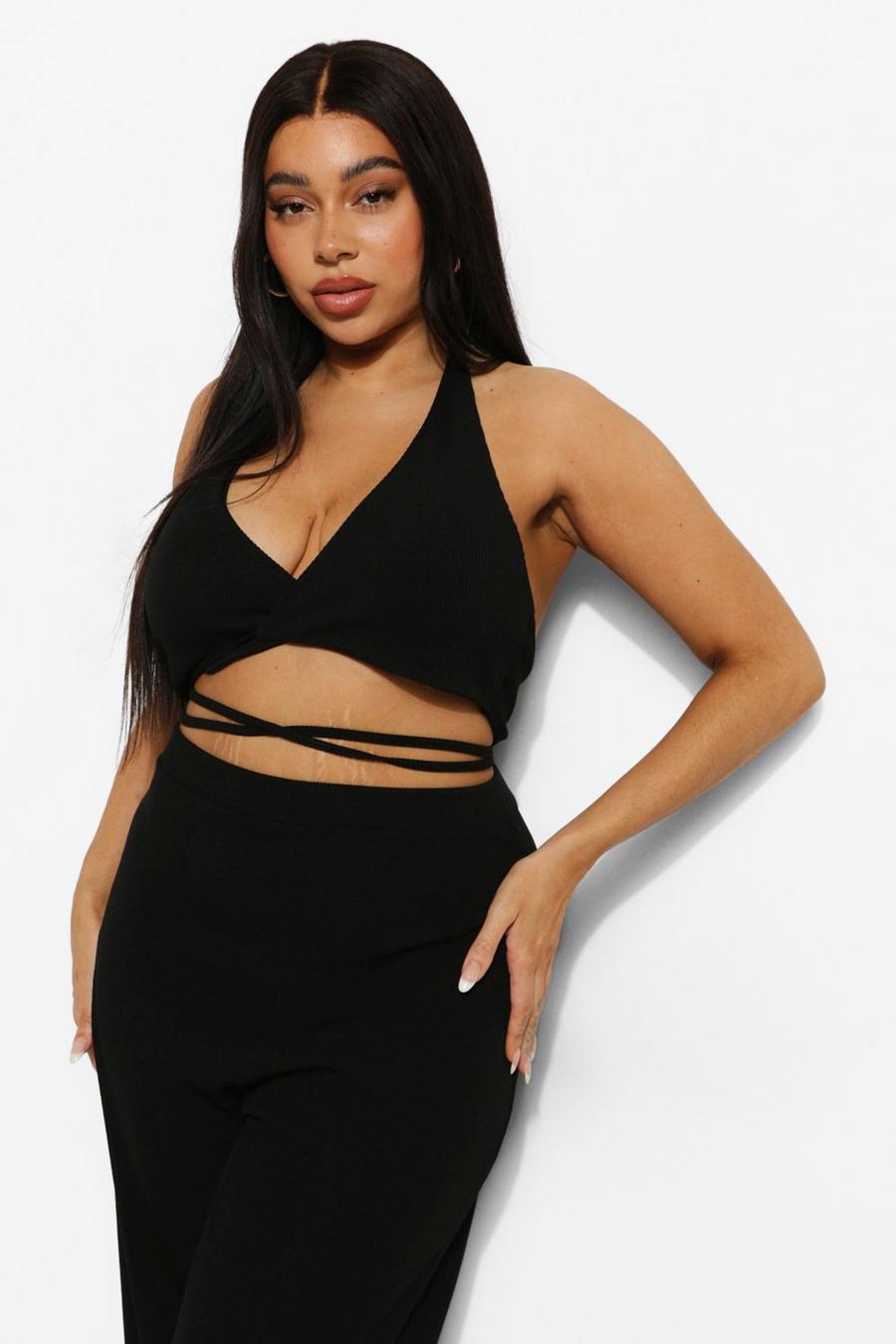 Black Plus Plunge Halter Crop Top image number 1