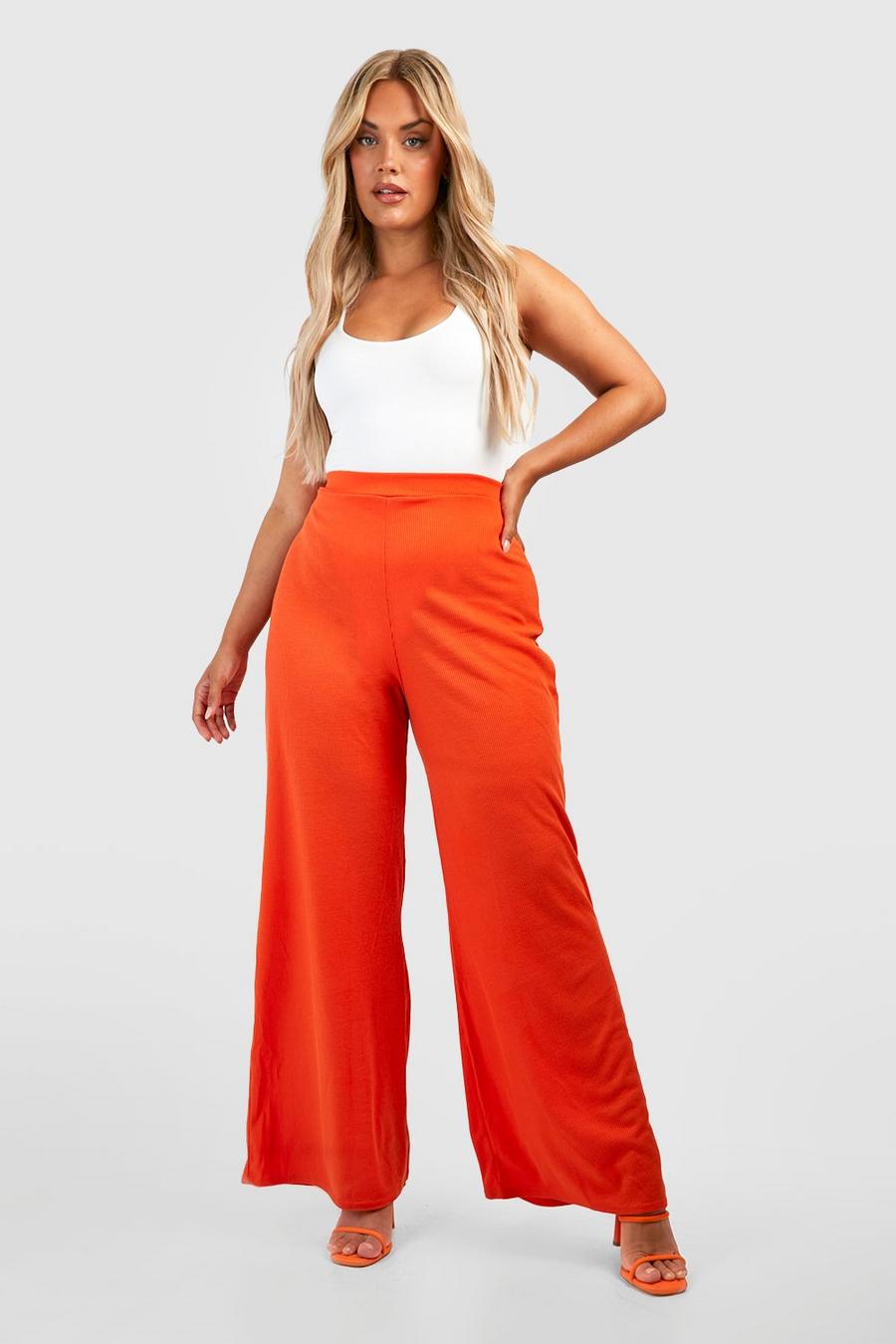 Pantaloni a gamba ampia Plus Size a coste, Toffee image number 1