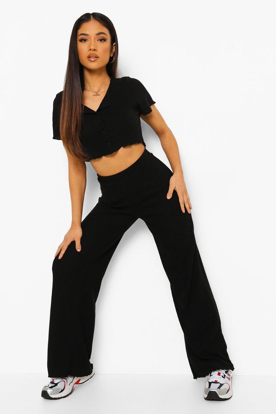 Black Petite Button Down Crop Top & Wide Leg Co-Ord image number 1