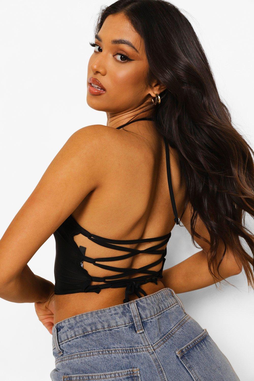 Petite Slinky Strappy Back Lace Up Crop Top