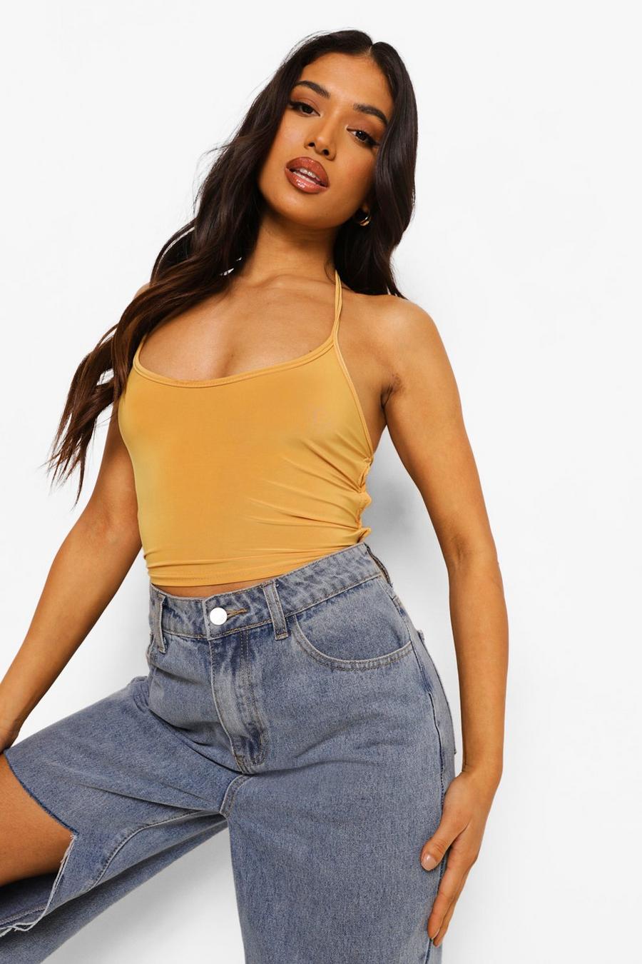 Mustard Petite Slinky Strappy Back Lace Up Crop Top image number 1