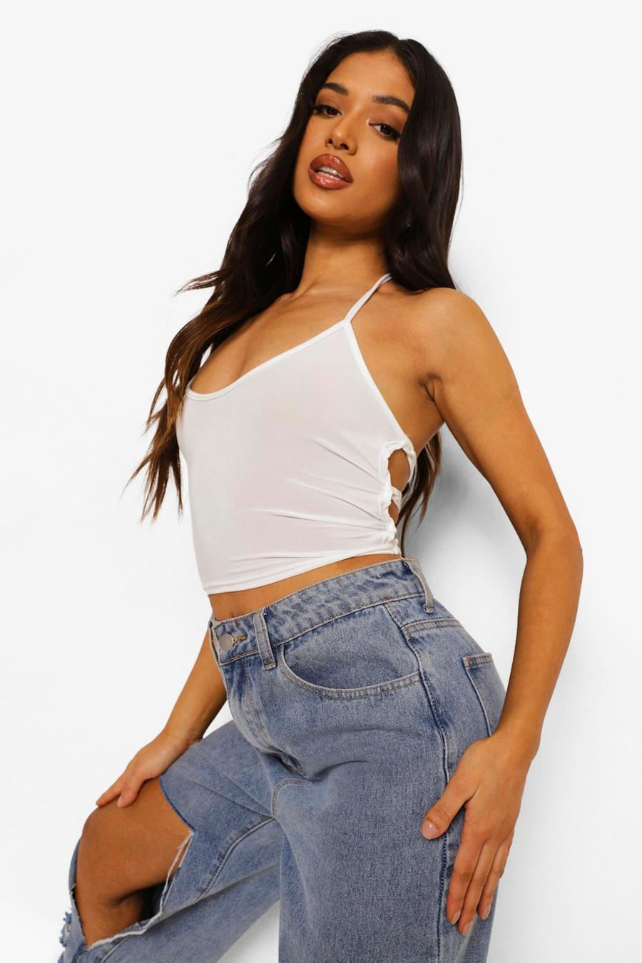 White Petite Slinky Strappy Back Lace Up Crop Top image number 1