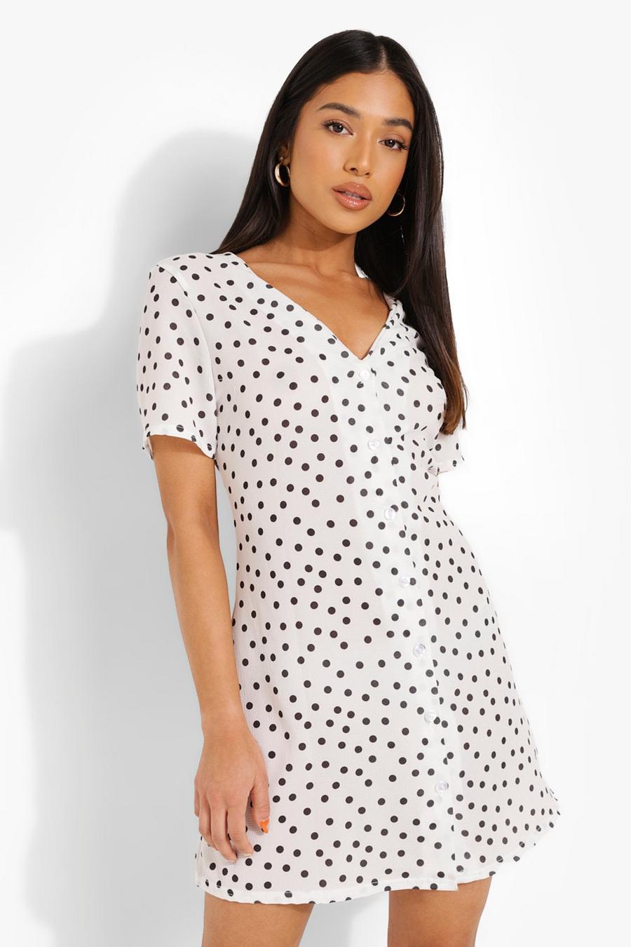 לבן שמלת שיפט פטיט ארוגה עם כפתורים ונקודות פולקה image number 1