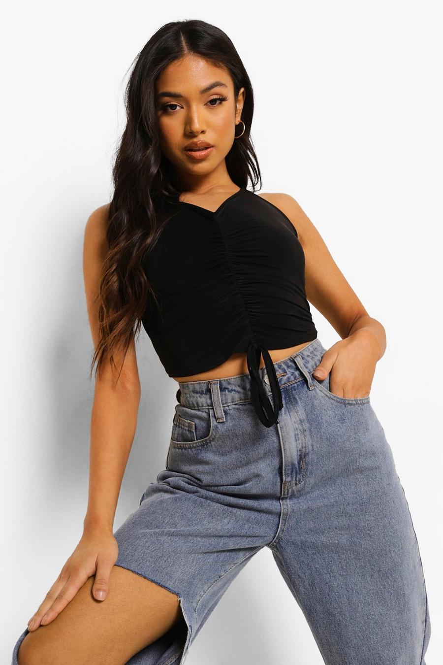 Black Petite Ruched Cross Front Slinky Crop Top image number 1