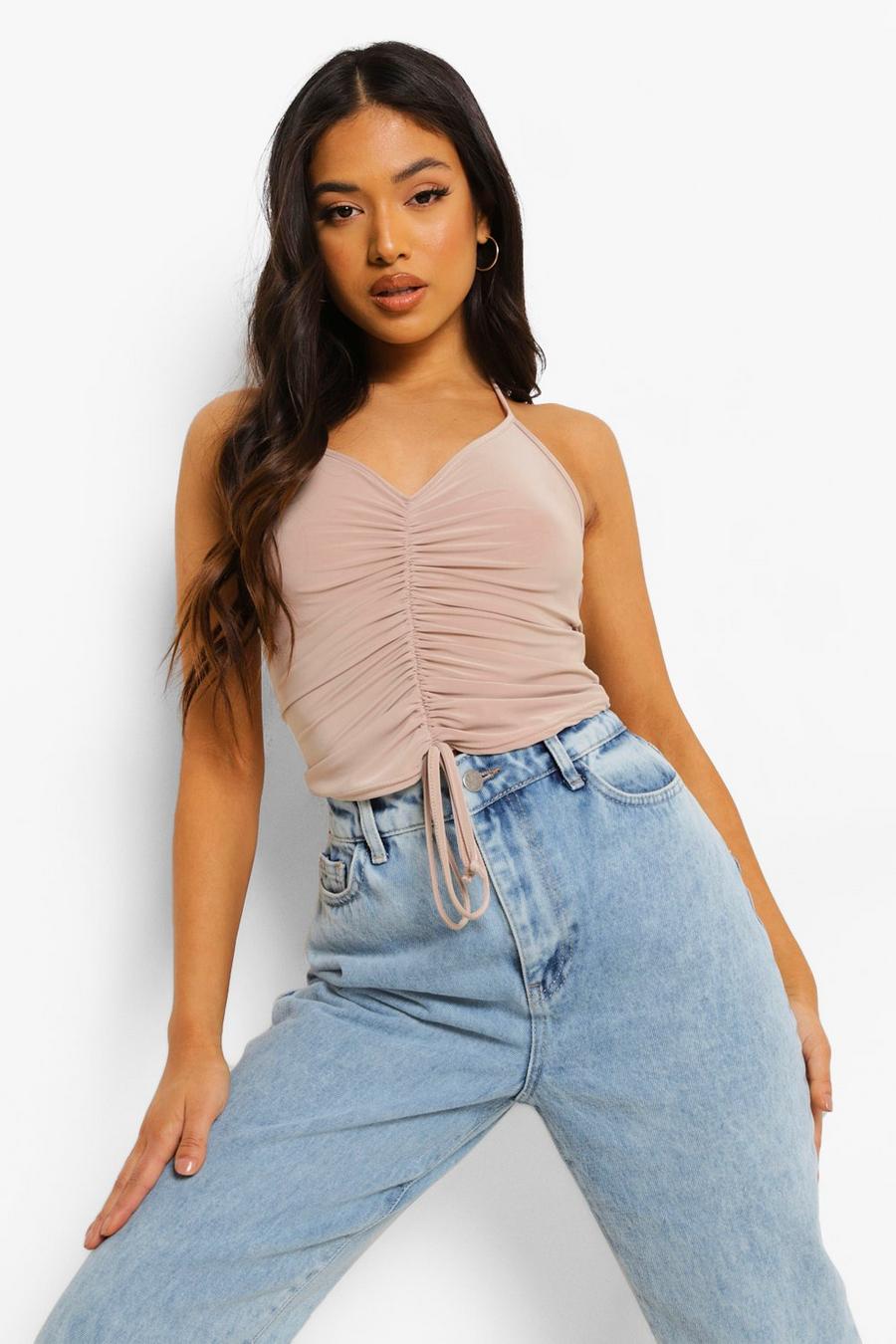Sand Petite Ruched Cross Front Slinky Crop Top image number 1